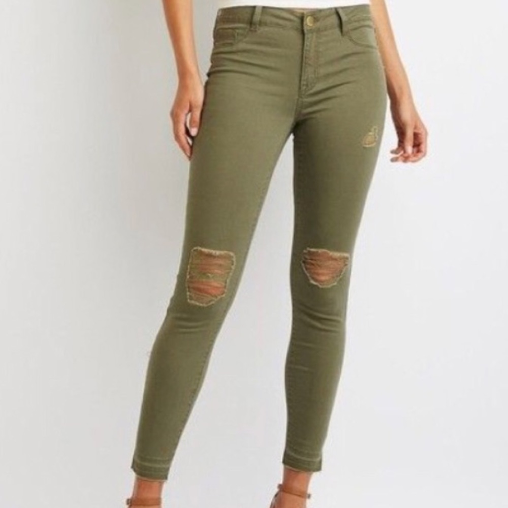 Refuge Military Green Ripped Skinny Jeans